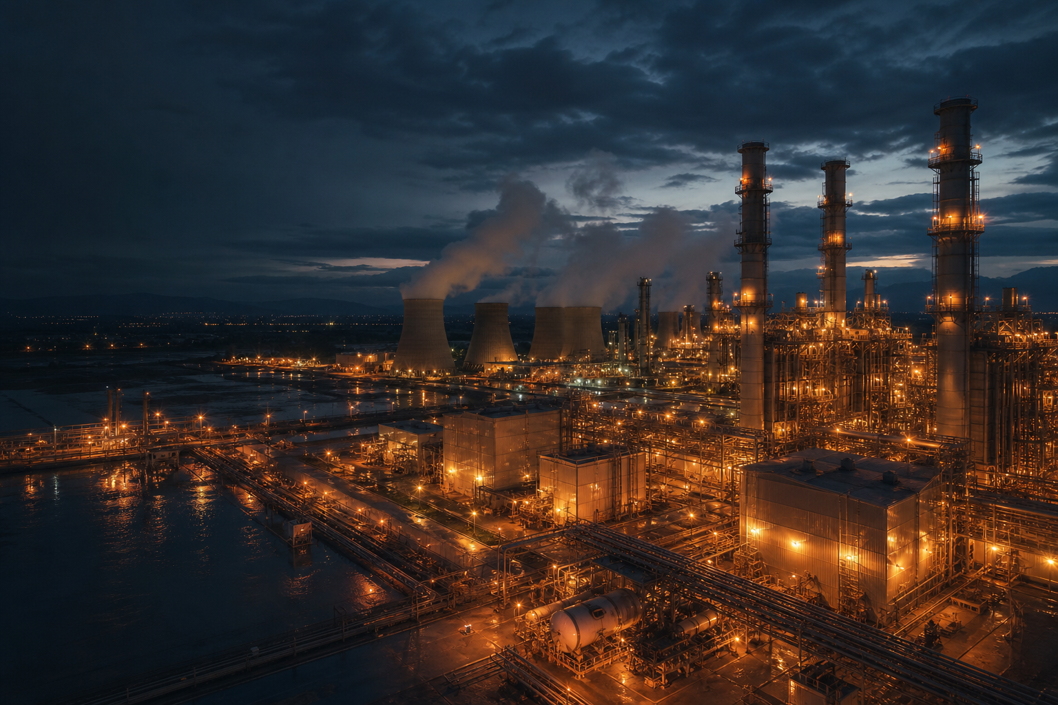 Natural gas power plant glowing at blue hour