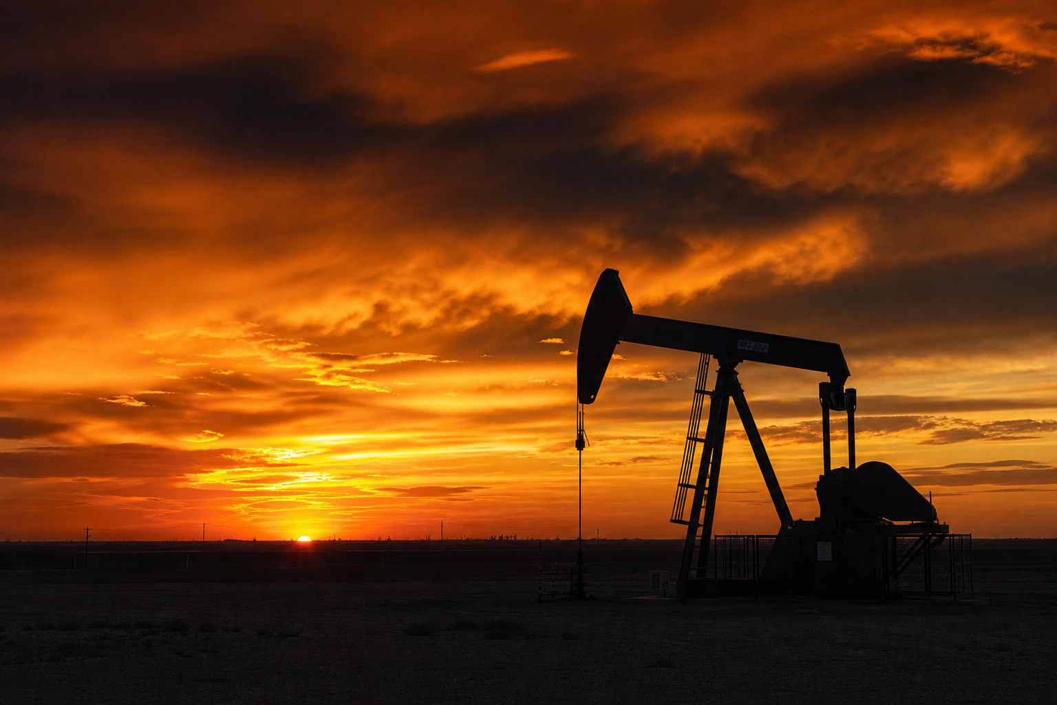 Pumpjack silhouetted against a Texas sunset